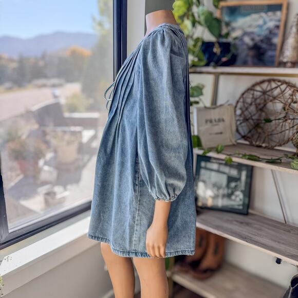 Lalavon,  Denim Pleated Bow Tie Front Long Sleeve Mini Dress, Women’s Large - Picture 4 of 13